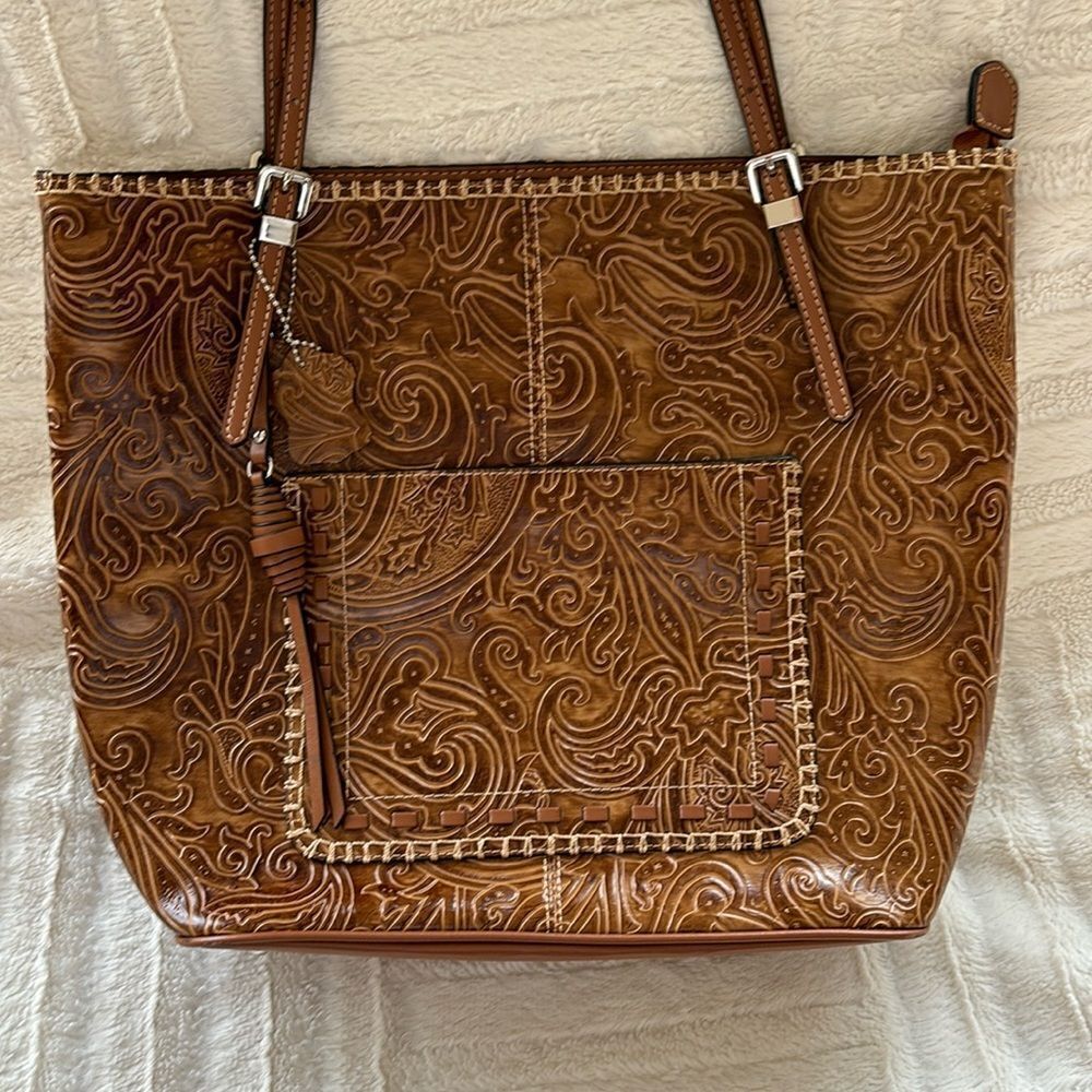 Vintage Large Leather tooled brown shoulder indie bag purse tote - Picture 1 of 9